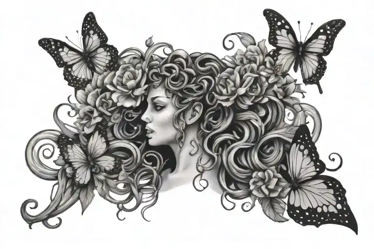 Medusa Back Tattoo With Butterflies And Flowers Growing