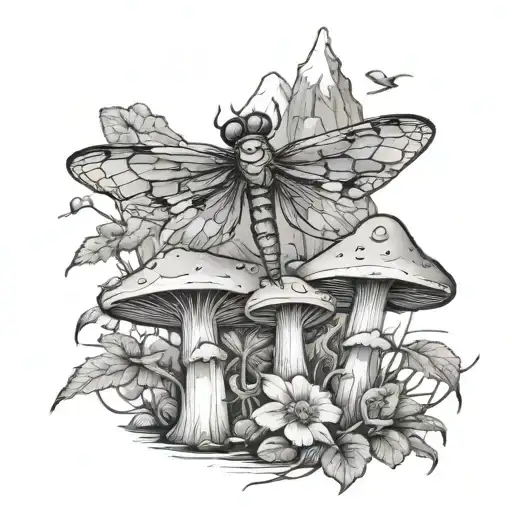 Mountains And Mushrooms And Dragonfly