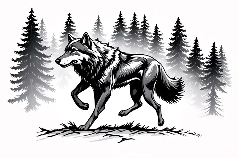Wolf In Stride Running Through A Forest Of Pine Trees