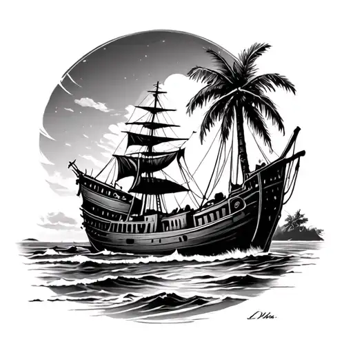 Shipwreck Scene On A Beach Scene With Palm