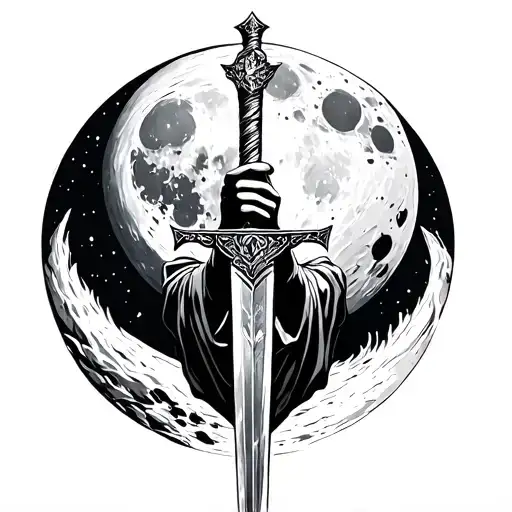 Atlas Holding Up The Moon And An Ancient Sword Going Through The Moon