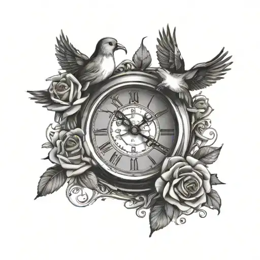 Roses Clock Doves Flying