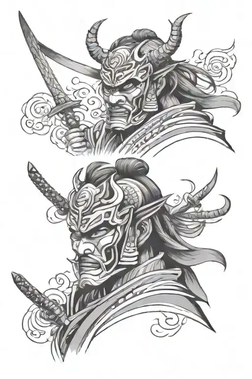 Samurai With Oni Mask And Skulls Facing Each Other