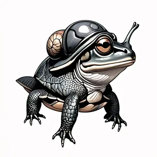 Frog With Snail Helmet Sitting On A Turtle