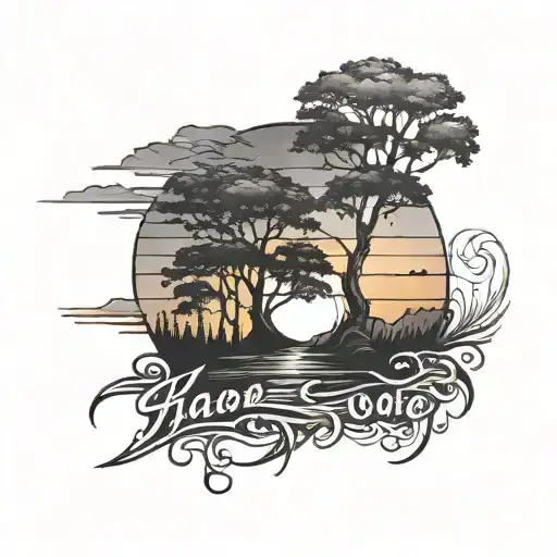 Name Tattoo Design Featuring Elements Like Trees Colors Sunset