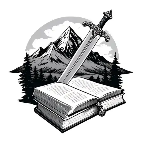 Sword Over Books With A Mountain Landscape Behind