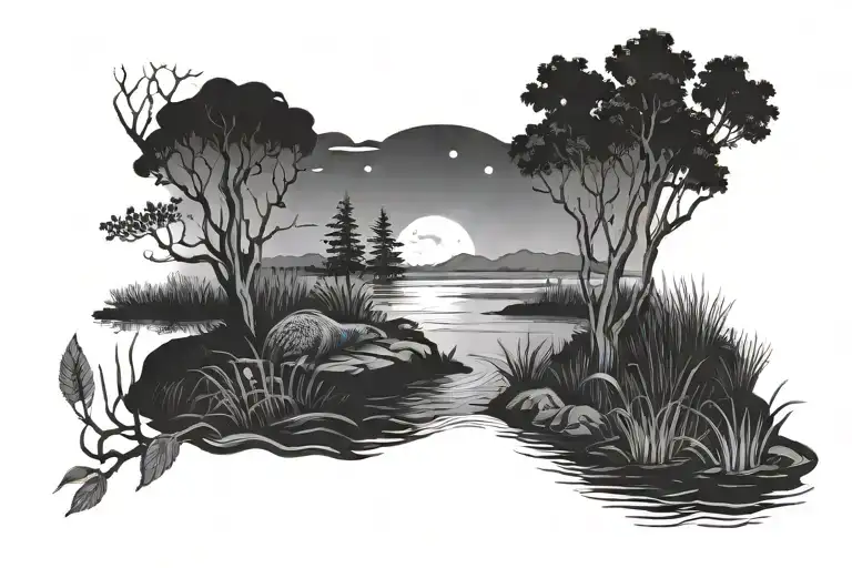 Forest With River And Beaver Building A Dam With A Bright Moon And Cloudy Sky