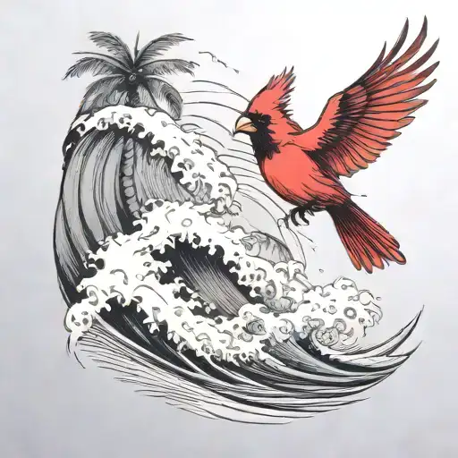 Cardinal Flying Under An Ocean Wave With Palm Tree Background