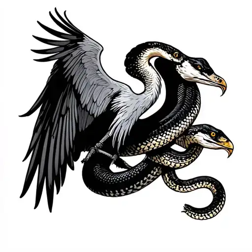 Crane Bird Flying Carrying A King Cobra