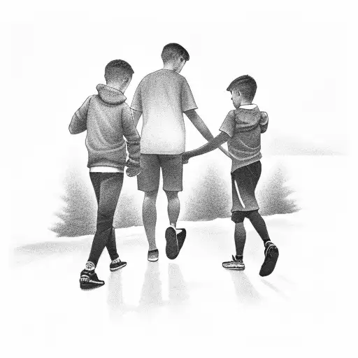 Two Young Kids Holding Their Father's Hand Walking Off A Football Field At Night