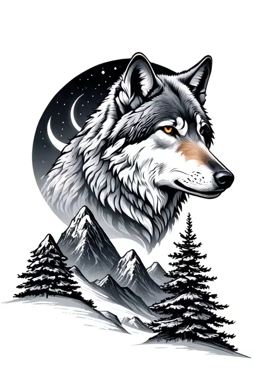 Sapins With Mountains A Wolf And A Crescent Moon