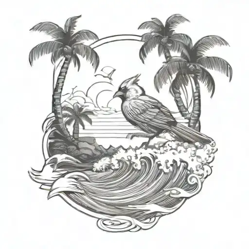 Cardinal Flying Under An Ocean Wave With Palm Tree Background