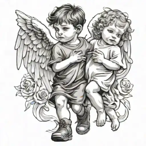 Boy Angel Holding Baby Boy Walking