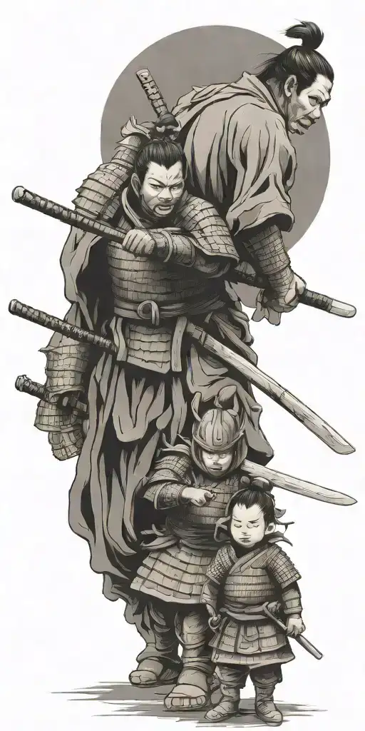 Samurai In Full Armor Ready For War With 2 Children Holding His Arms To Pull Him