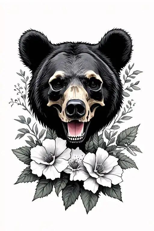 Black Bear With Hollyhock Flowers And A Skull