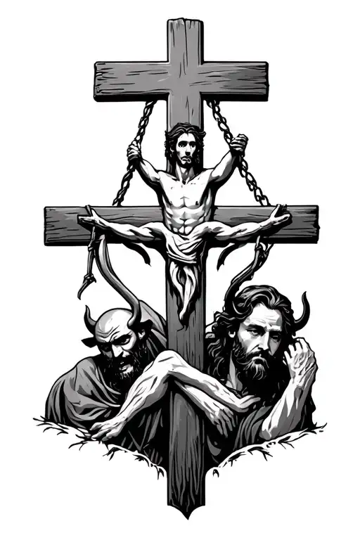 Christian Cross And Behind Them A Man With Head In Gallows And Watching Devil Nearby