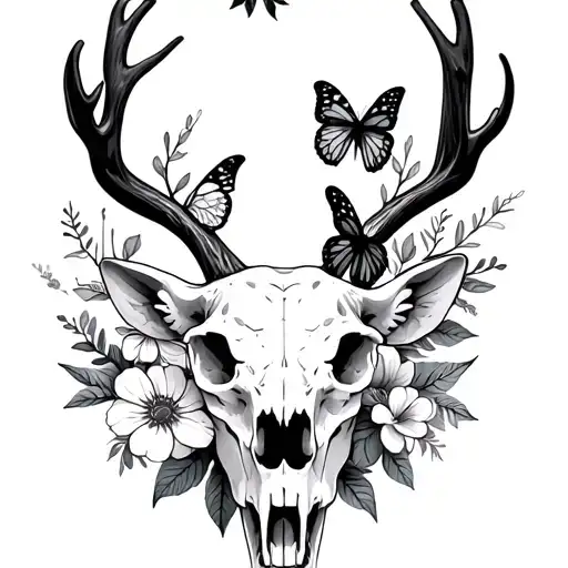 European Deer Skull With Birth Flowers And Butterfly
