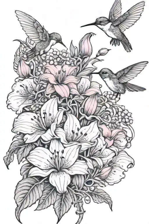 Pink With 2 Hummingbird Center Back Go Up On Arm With Thistle Poppy Butterfly Orchids