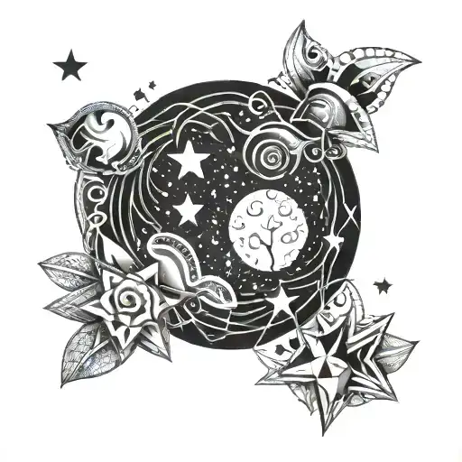 Star Moon Night Sky Filled Geometric Pattern Resembling