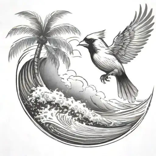 Cardinal Flying Under An Ocean Wave With Palm Tree Background
