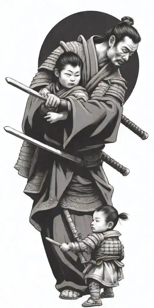 Samurai In Full Armor Ready For War With 2 Children Holding His Arms To Pull Him