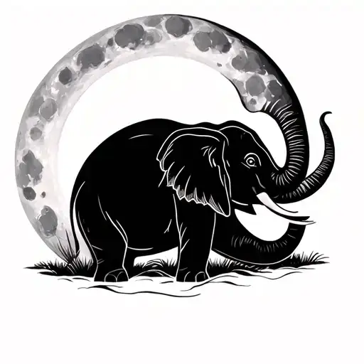 Elegant Minimalist Fine Black Line Elephant Reaching Up To Touch A C Shaped Recent Moonmoon