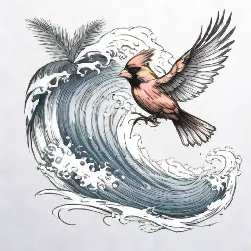 Cardinal Flying Under An Ocean Wave With Palm Tree Background