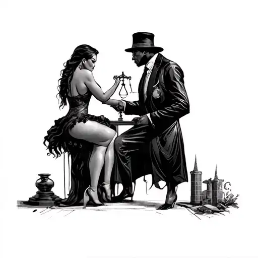 Black Pimp Coat Slapping A Prostitute Holding The Scales