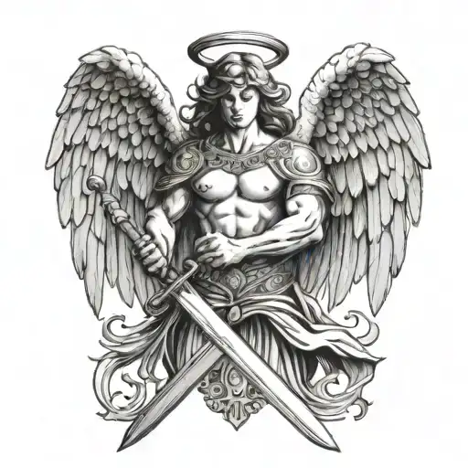 Angel With Wings Spread And A Sword Into The Ground Symmetrical