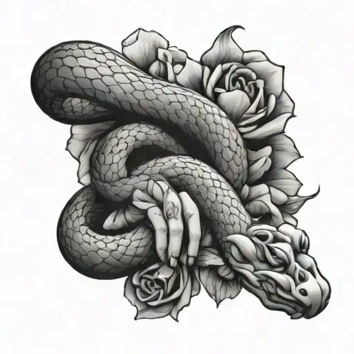 Snake And Petals Wrapped Around Hand