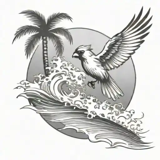 Cardinal Flying Under An Ocean Wave With Palm Tree Background