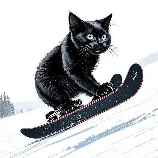 Black Cat On Snowboard