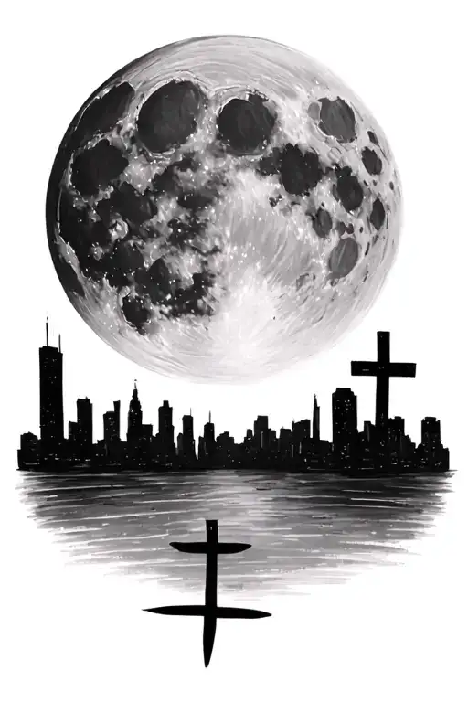 Full Moon Hyper Realistic Portrait With Cross On The Skyline