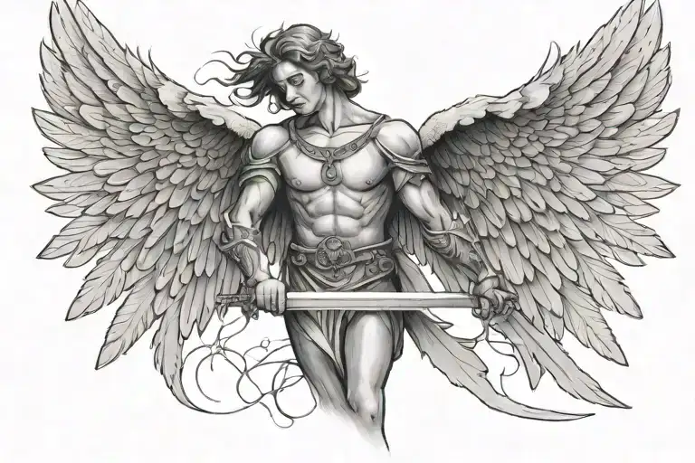Angel With Wings Spread And A Sword Into The Ground Symmetrical Photo Realism