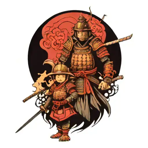 Samurai In Full Armor Ready For War With Two Children Holding His Begging Him Not To Leave