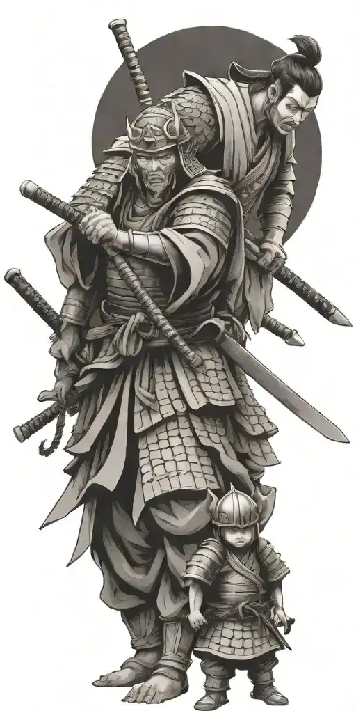 Samurai In Full Armor Ready For War With 2 Children Holding His Arms To Pull Him