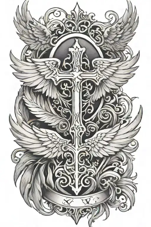 Feathered Wing With Cross In Middle Surrounded