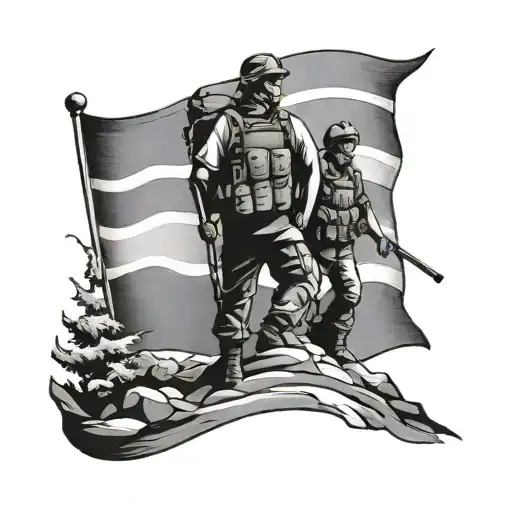 Danish Flag Incorporated With Friends Hiking In Military Gear