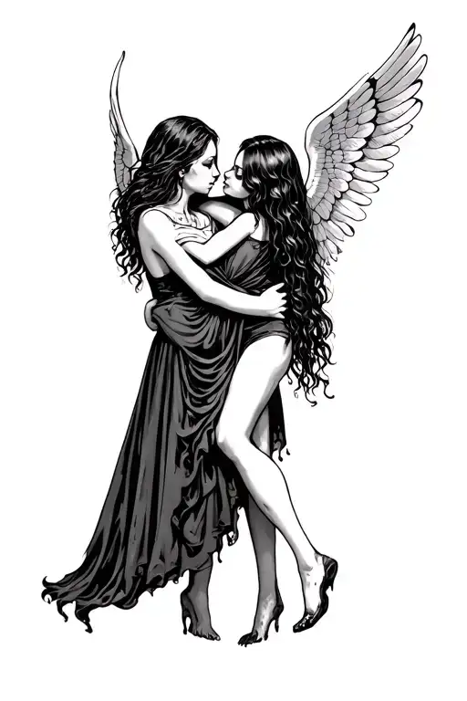 Black White Tattoo Death Hugs A Girl With Wings