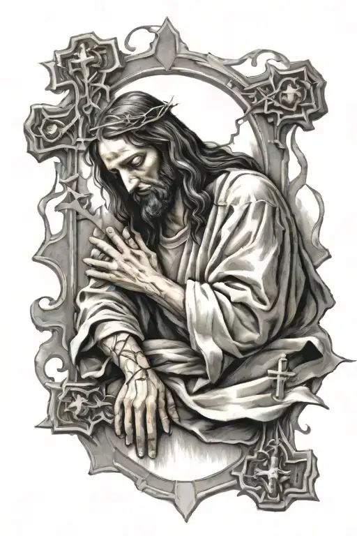 Jesus Praying With 3 Crosses And Thorns Wrapped