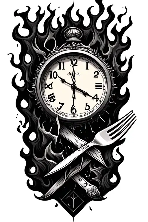 Broken Clock Knife Fork Meat Flames Left Arm