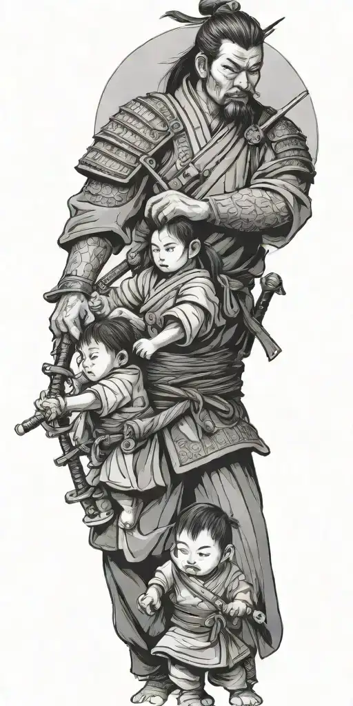 Samurai Iready For War With 2 Children Holding His Arms To Pull Him