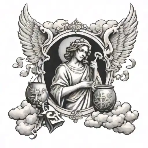 Cross And Clouds And Angel With Money Bags