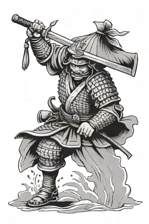 Samurai Warrior Holding Open Book Surrounded My Rain