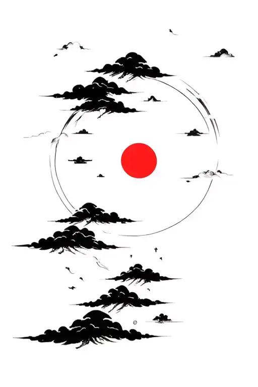 Japanese Cluods And Sun Black And Red