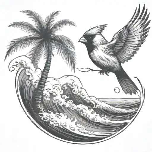 Cardinal Flying Under An Ocean Wave With Palm Tree Background