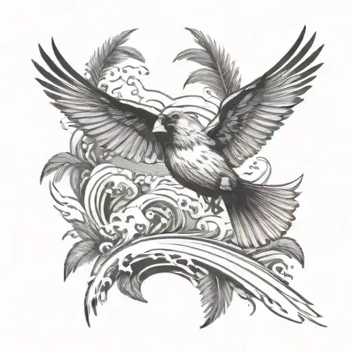 Cardinal Flying Under An Ocean Wave With Palm Tree Background