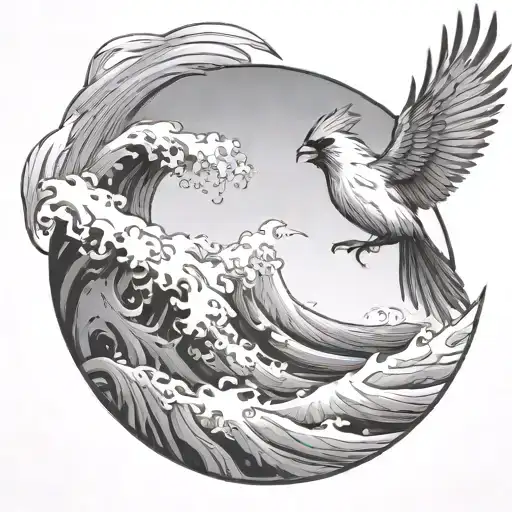 Cardinal Flying Under An Ocean Wave With Palm Tree Background