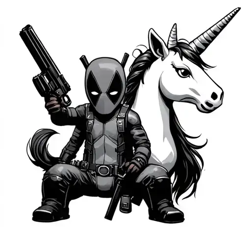 A Mini Deadpool With A Gun And An Unicorn Surrounded