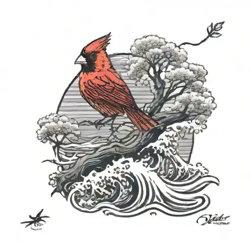 Cardinal Flying Under An Ocean Wave And Plam Tree